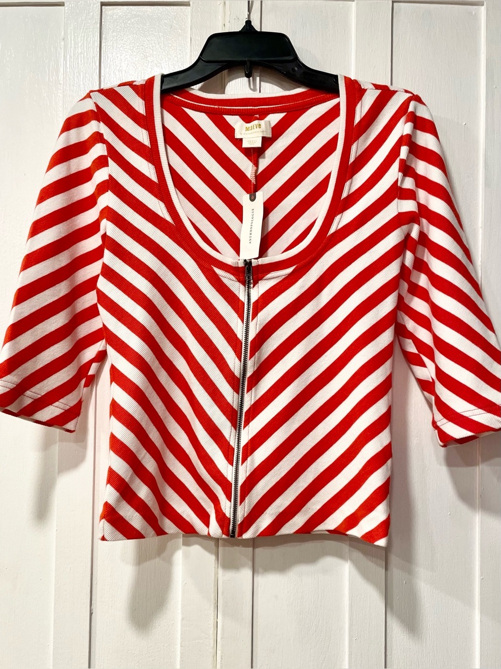 Maeve by Anthropologie Orange & White Striped 3/4 Sleeve Top  NWT Size Small
